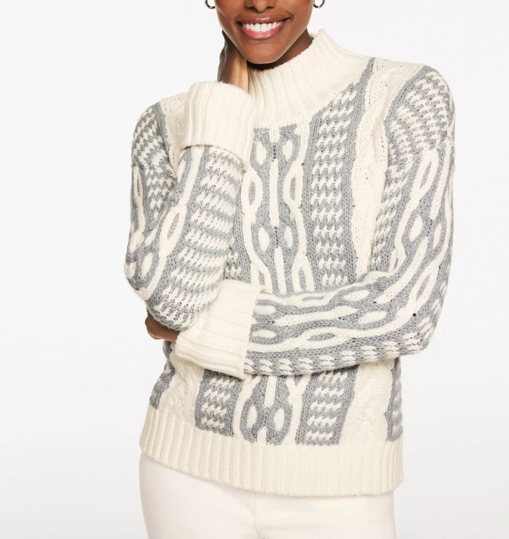 Talbots Women's Bicolor Cable Mock-neck Chunky Sweater Sz X-Large A010401